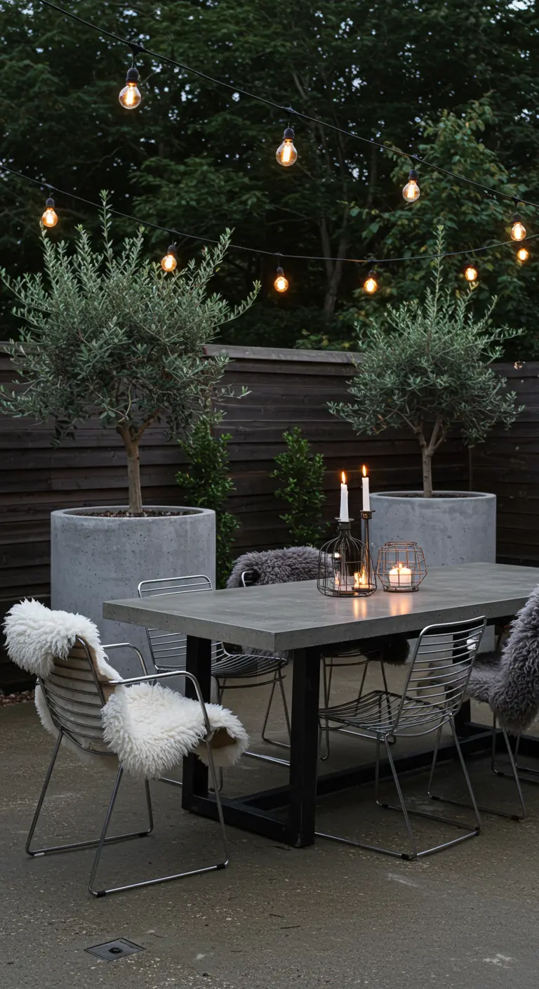 Betonnen eettafel met metalen stoelen met schapenvachtjes, olijfbomen in potten en lichtsnoer.