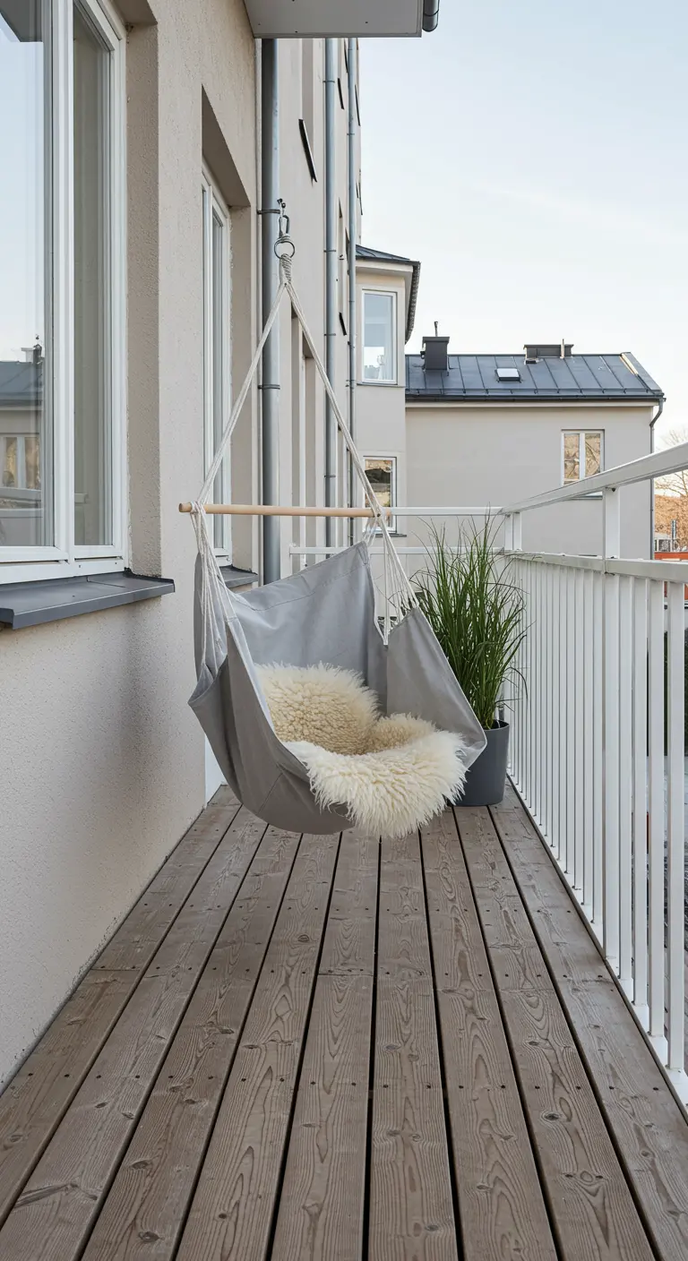 Grijze stoffen hangstoel met schapenvachtje op houten vlonderbalkon.