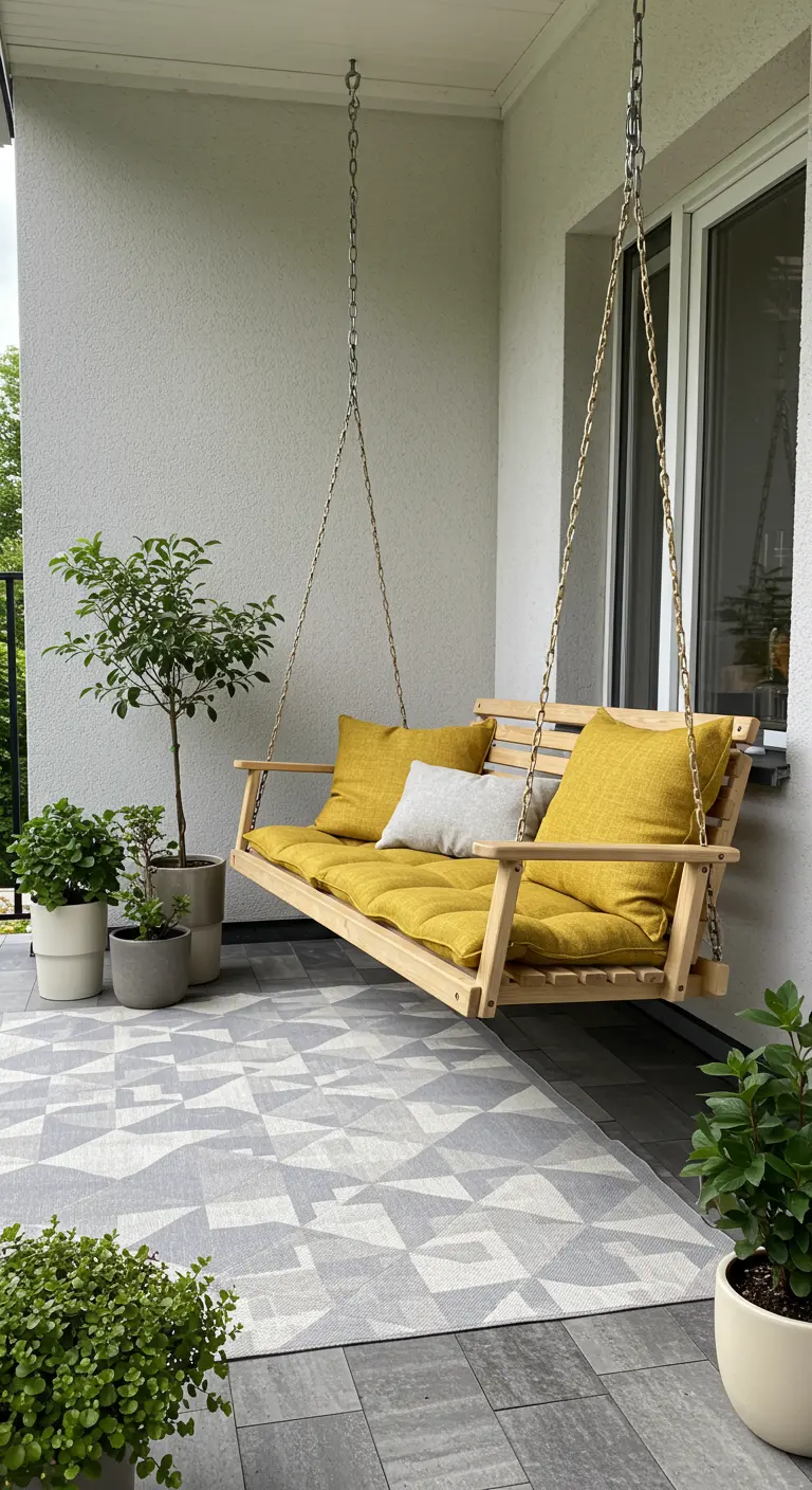 Lichte houten schommelbank met gele kussens op modern balkon.