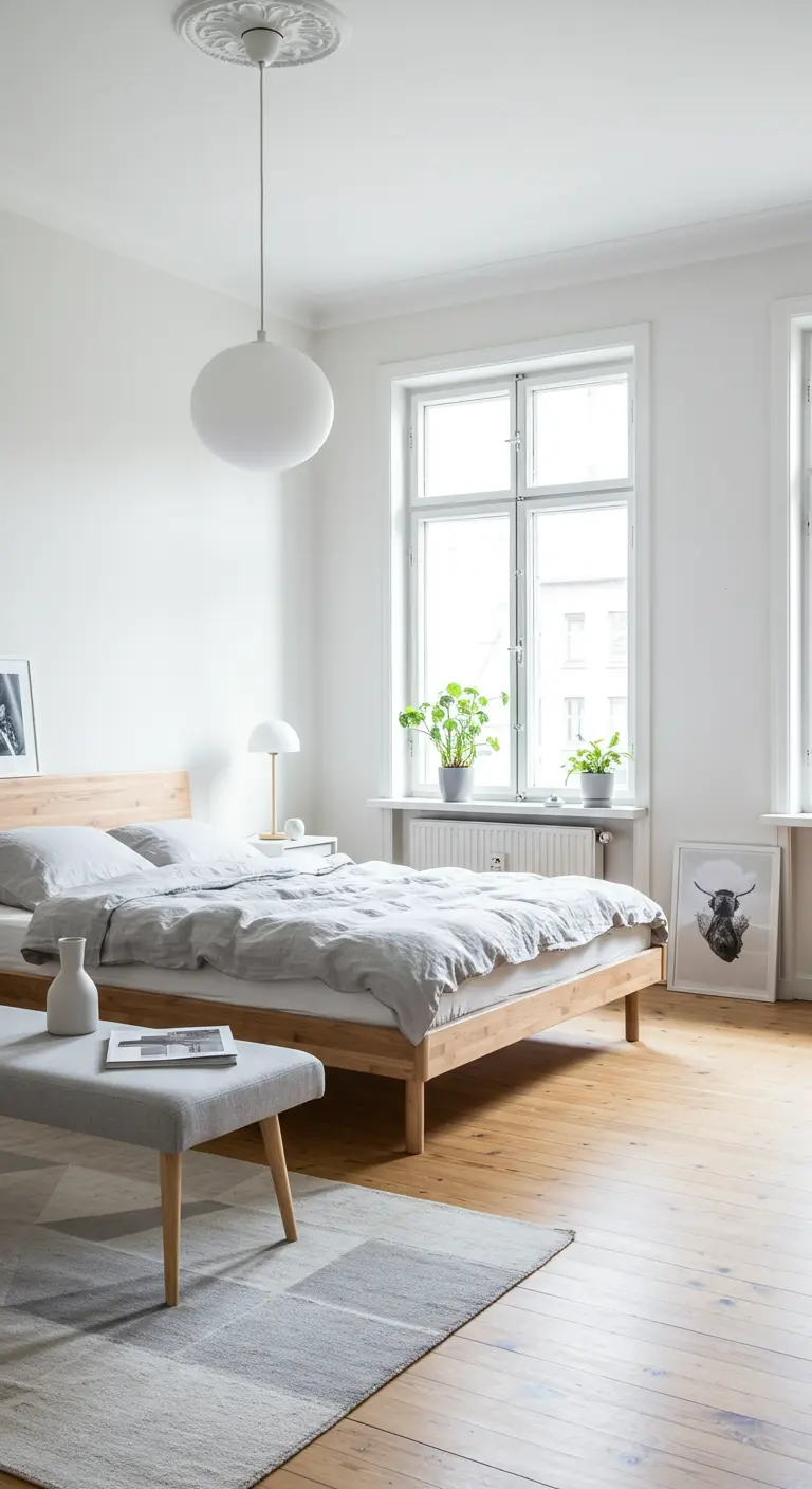 Lichte Scandinavische slaapkamer met houten bed en een grijs gestoffeerd bankje aan voeteneind.