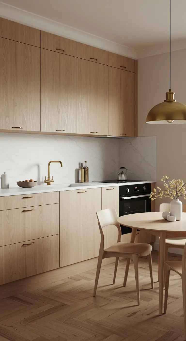 Lichte houten keuken met messing handgrepen, kraan, witte marmeren achterwand en messing hanglamp.