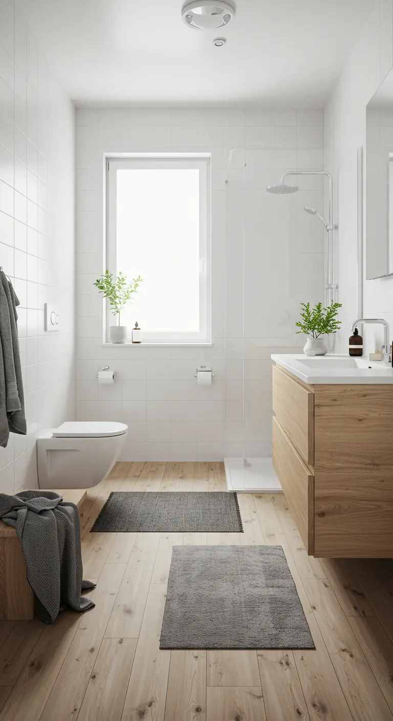 Scandinavische badkamer met witte tegels, houten meubel en grijze accenten.