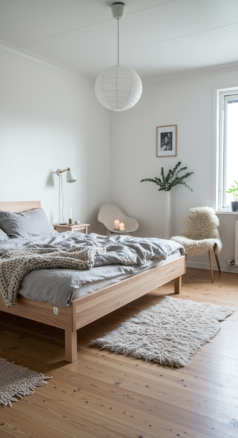 Scandinavische slaapkamer met houten bed, witte muren, grijs linnen en papieren lampion.