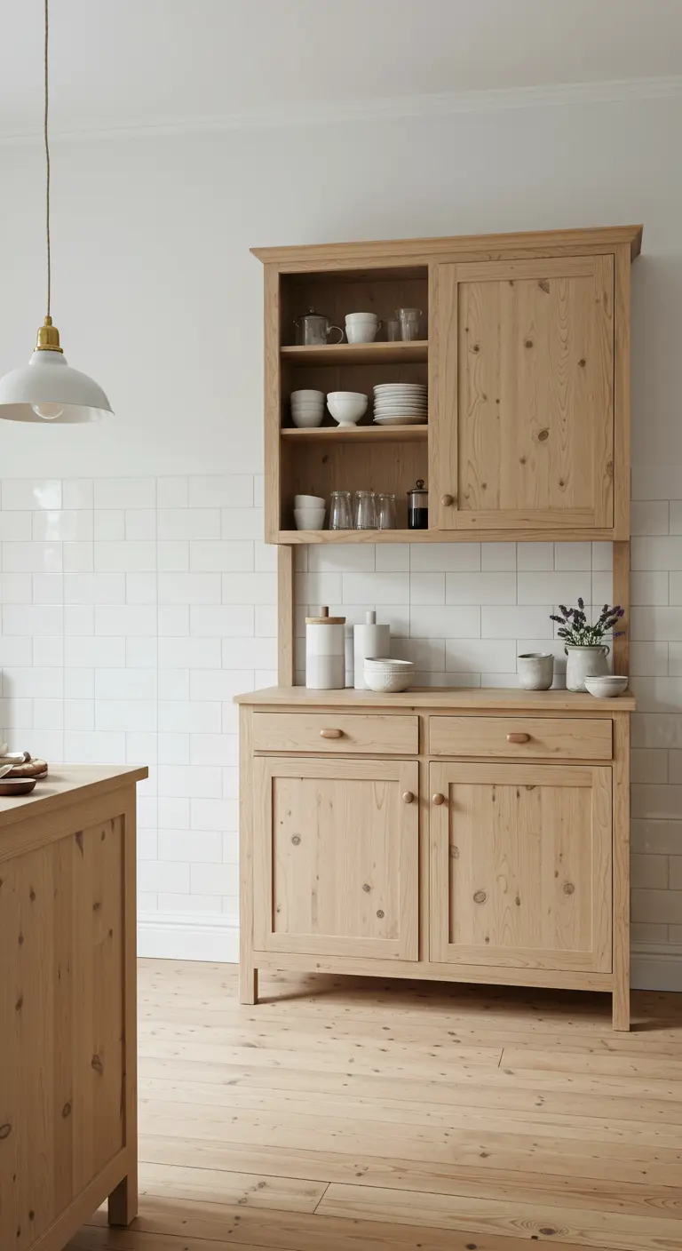 Licht houten voorraadkast in Scandinavische stijl, met wit servies, tegen een witte tegelwand.