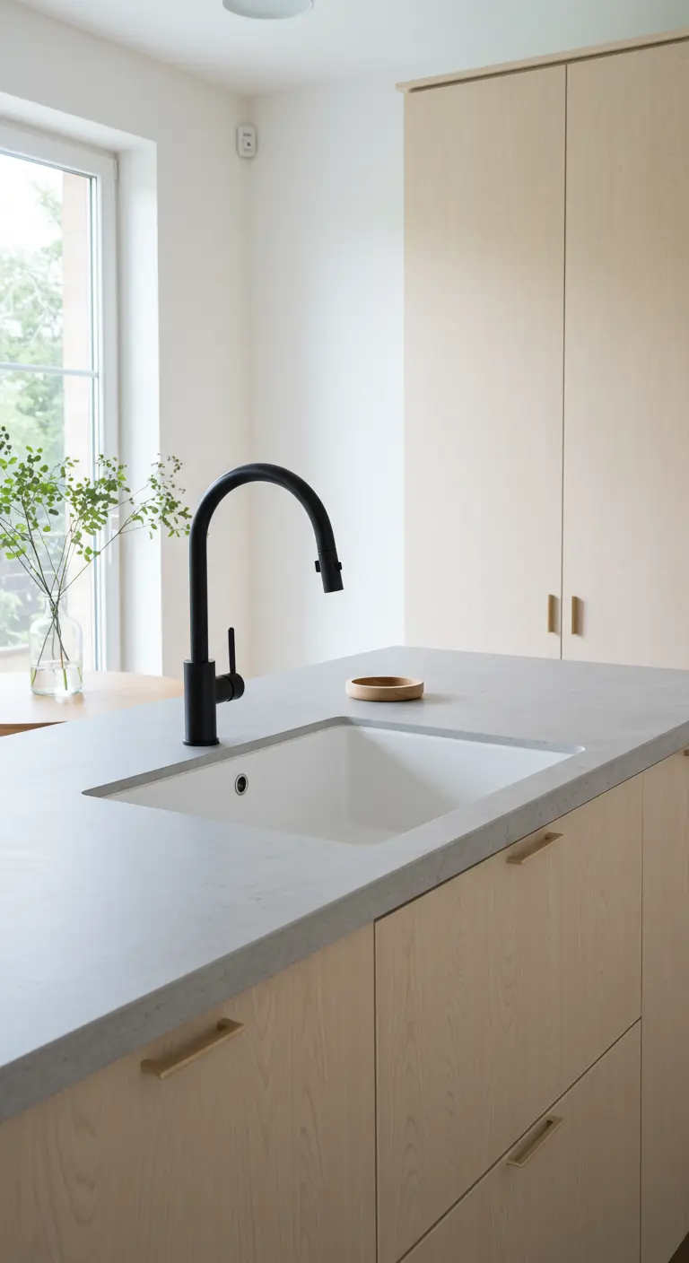 Scandinavische keuken met witte spoelbak, lichtgrijs blad en een matzwarte kraan.