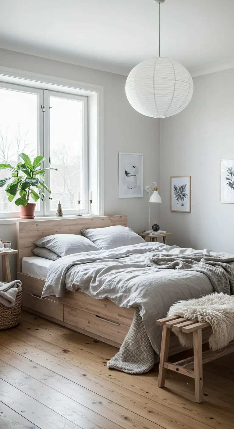 Scandinavische slaapkamer met licht houten bed met lades, los van de muur bij een raam.