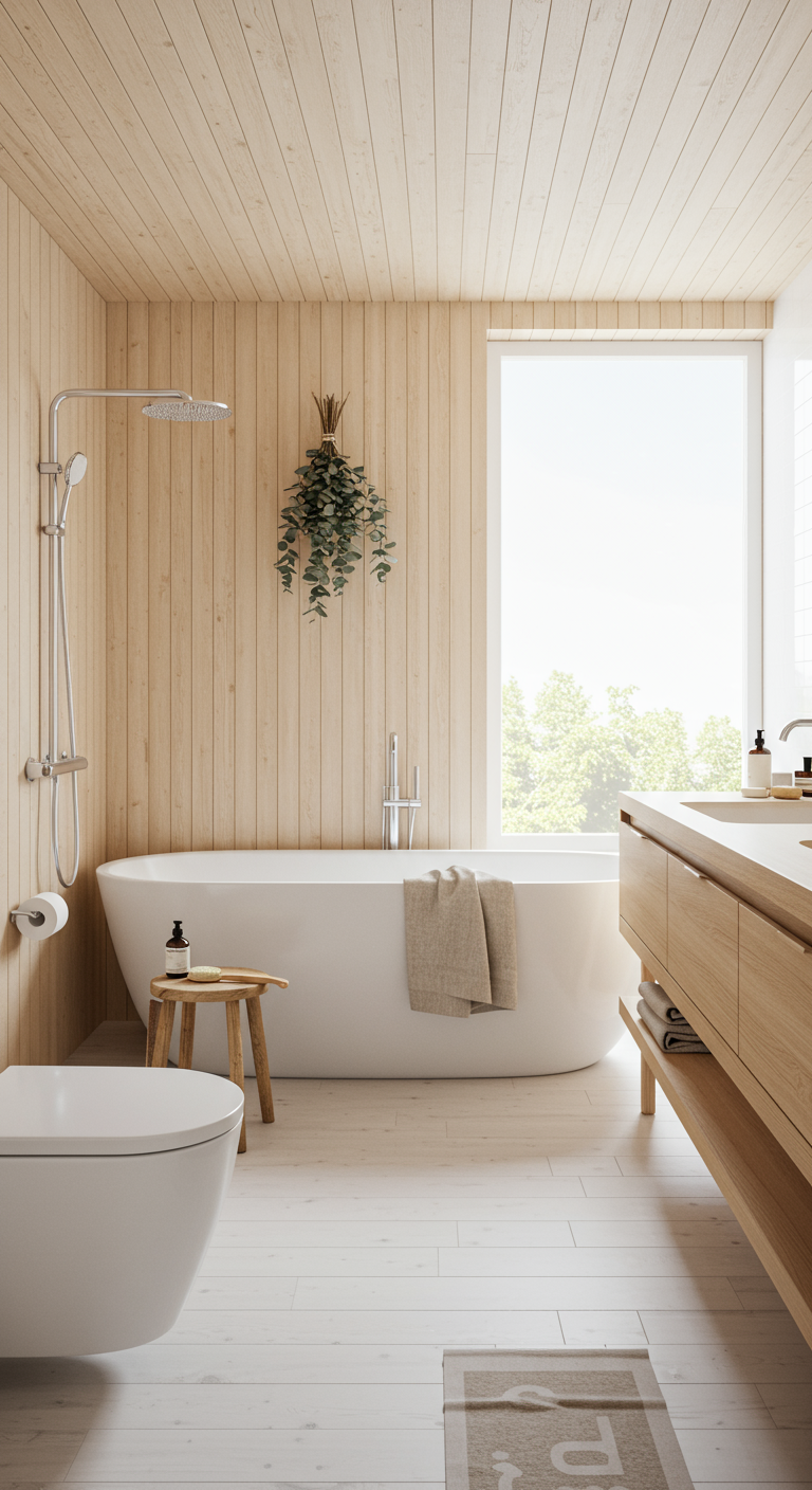 Lichte badkamer met houten wandpanelen, vrijstaand bad en eucalyptus aan de douche.
