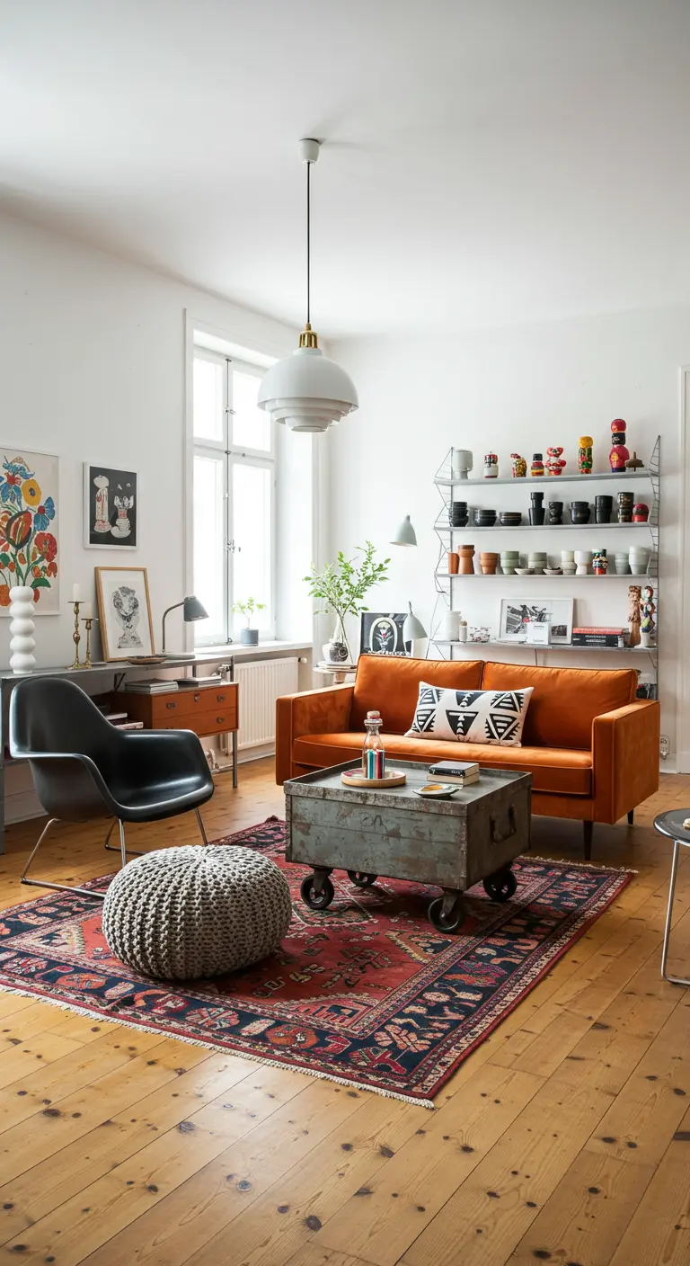 Lichte woonkamer met oranje bank, vintage Perzisch tapijt en industriële kist als salontafel.