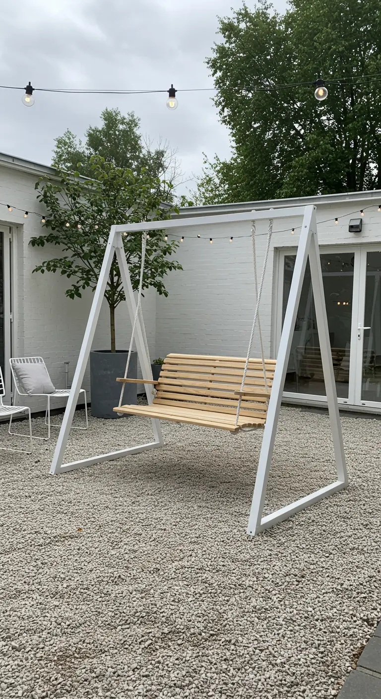 Witte metalen A-frame schommelbank met lichte houten zitting op een grindterras.