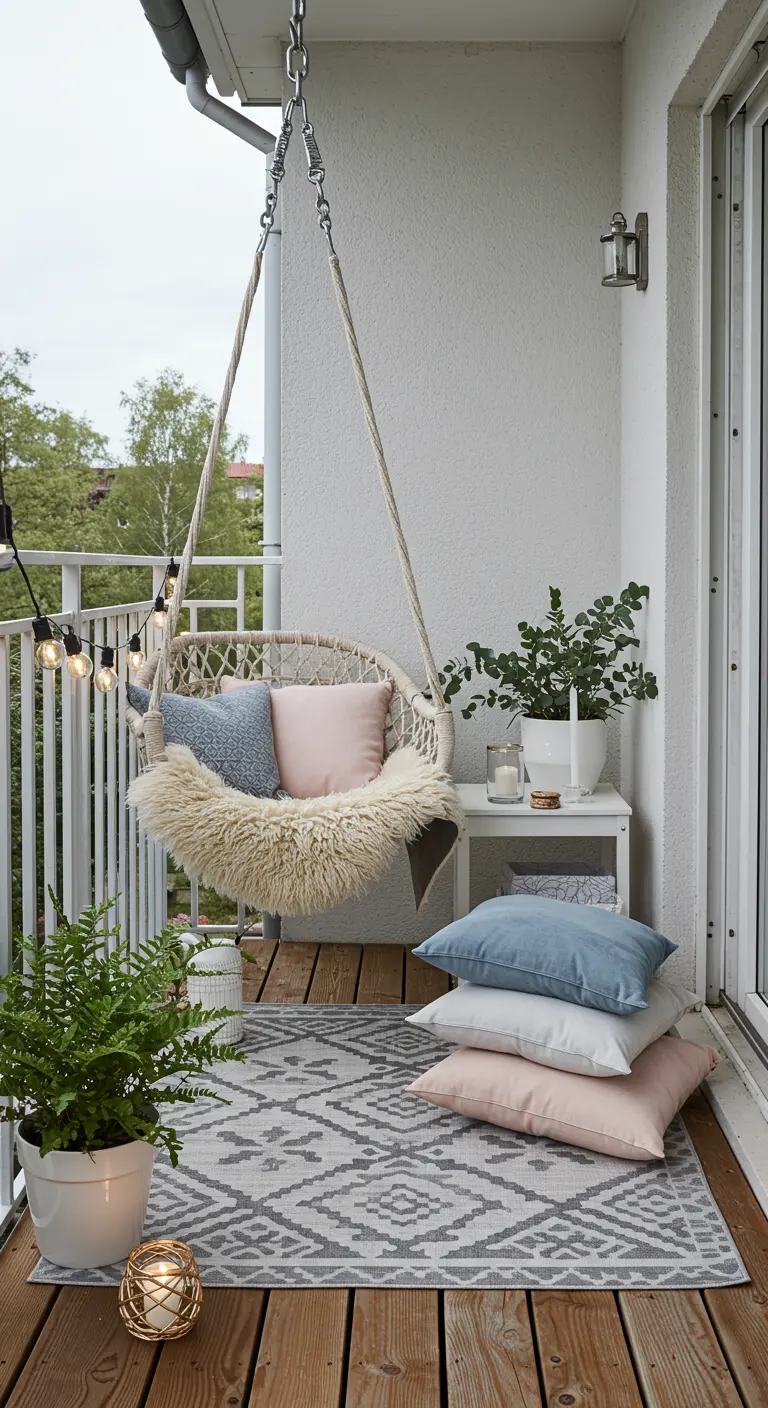 Lichte macramé hangstoel met pastelkussens, schapenvacht en lichtsnoer.