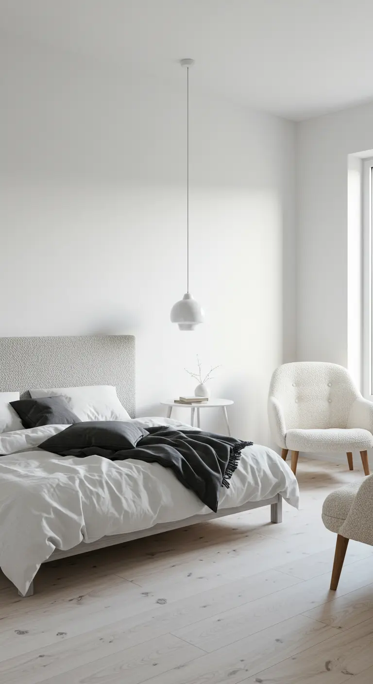 Witte minimalistische slaapkamer met lichtgrijs bouclé hoofdbord en fauteuil.