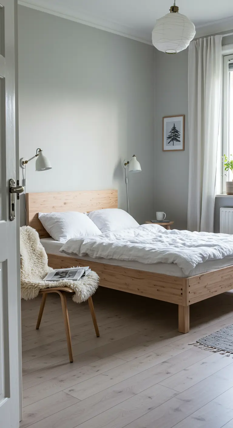 Lichte Scandinavische slaapkamer met houten bed, witte muren en een schapenvachtje op een stoel.