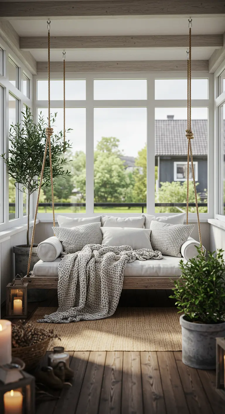 Witte houten hangbank in lichte serre met veel kussens en plaids.