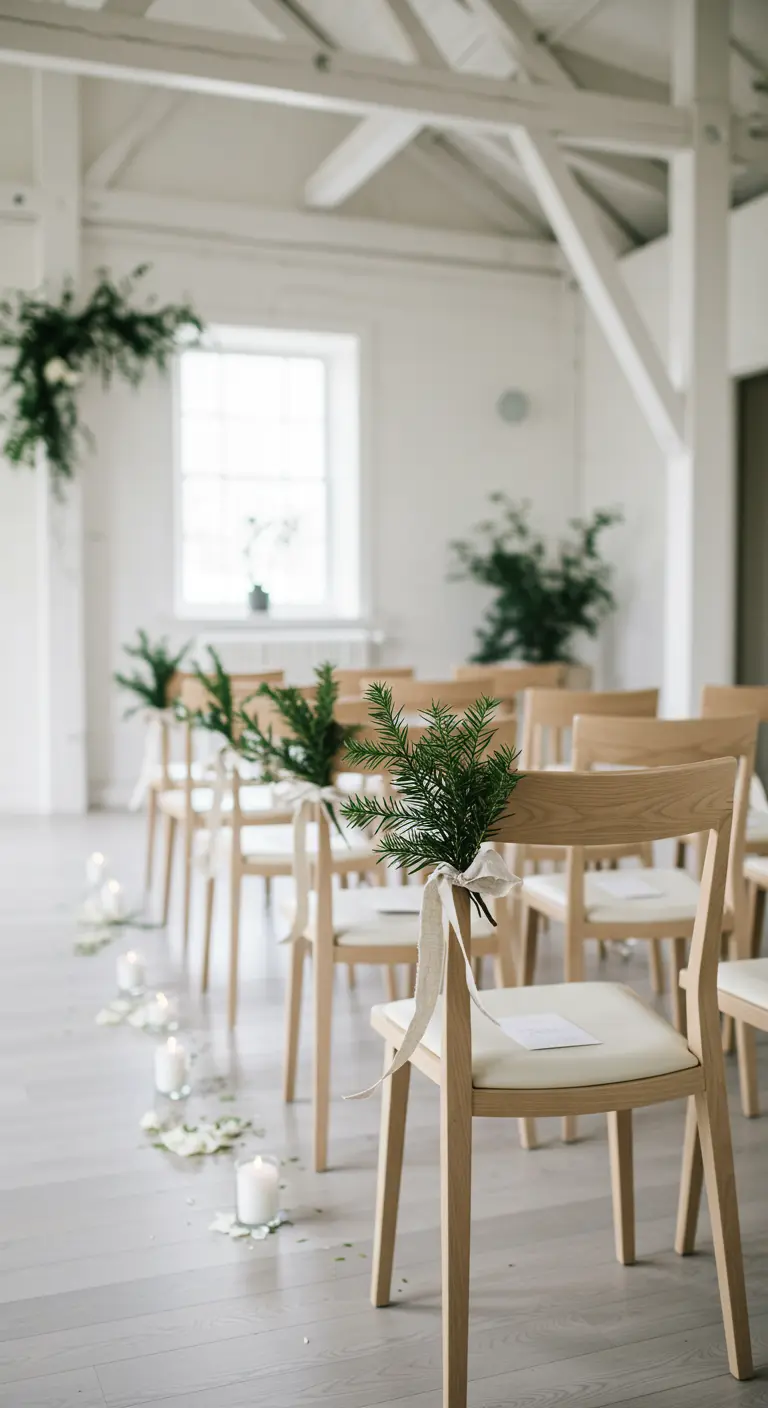 Lichte houten stoelen in een witte ruimte, versierd met dennengroen en een wit lint.