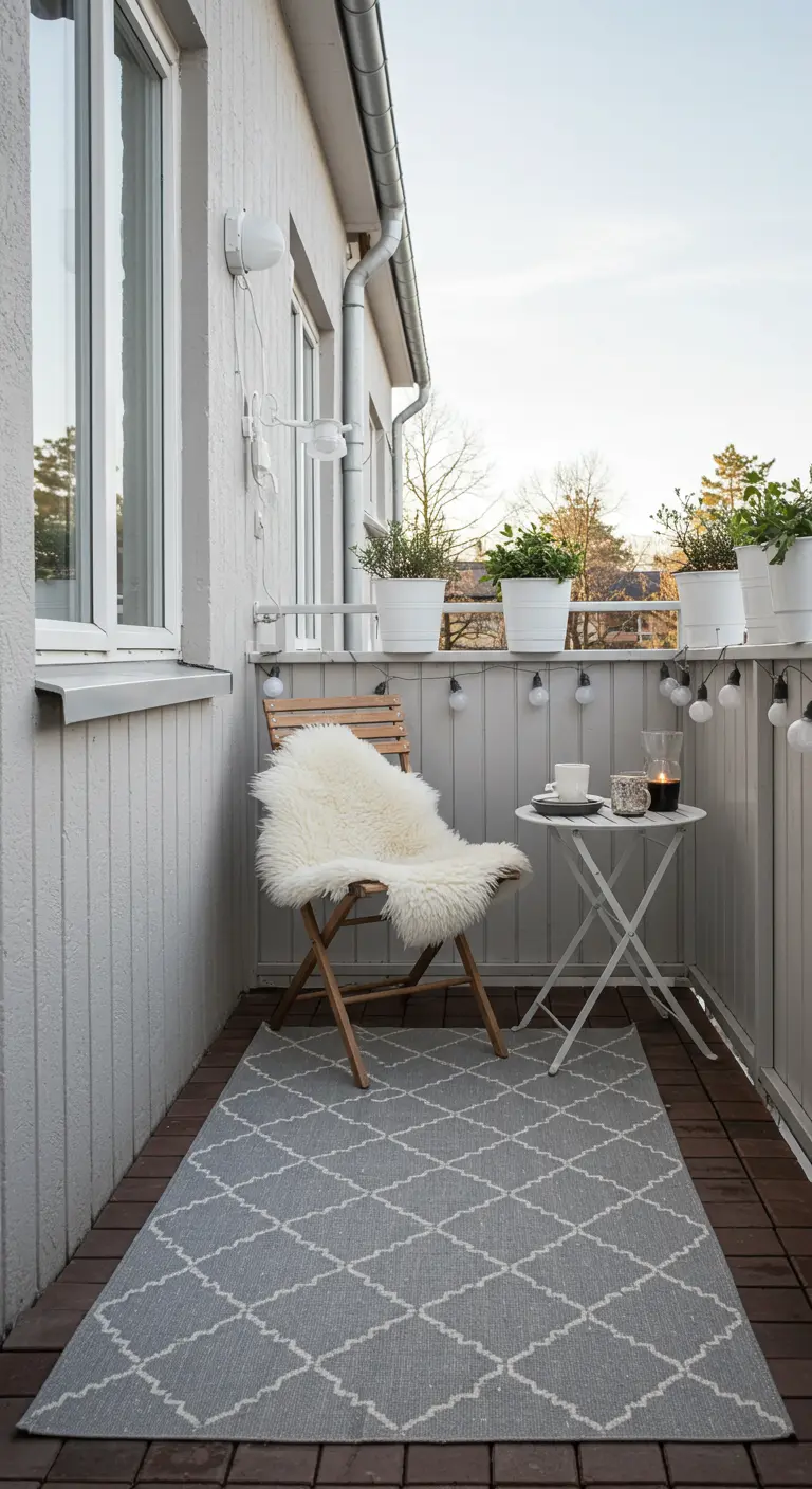 Scandinavisch balkon met grijs buitenkleed, houten stoel en schapenvacht.