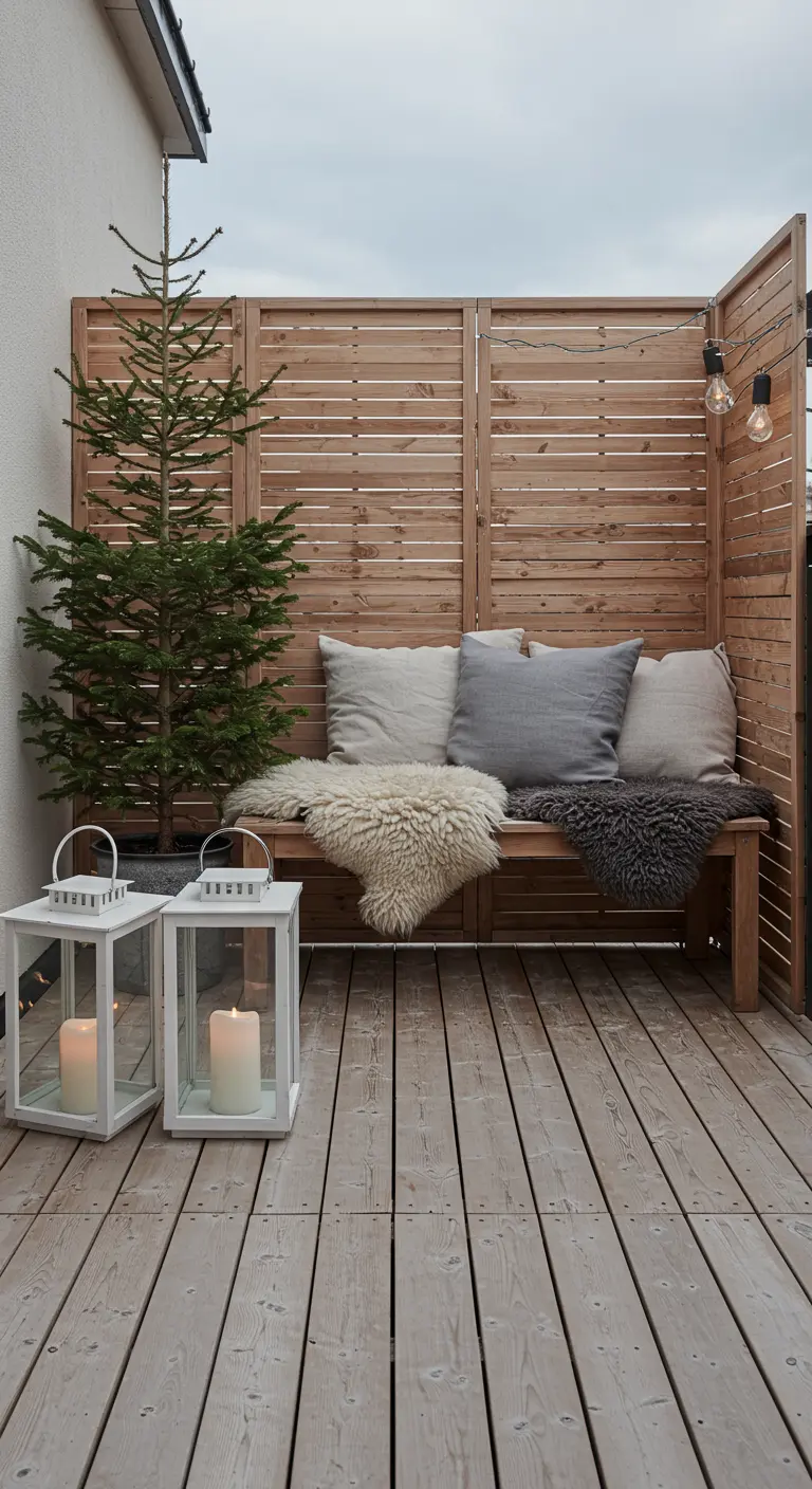 Balkon met houten vlonder, houten bank met kussens en vachtjes, witte lantaarns en kerstboompje.