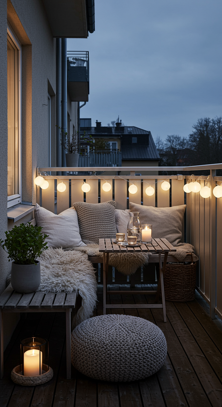 Scandinavisch balkon met lichte kussens, schapenvacht, gebreide poef en lichtslinger.