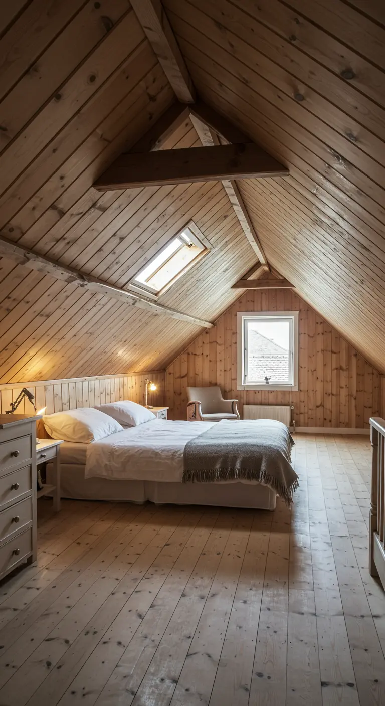 Scandinavische zolderslaapkamer volledig bekleed met lichte houten latten.