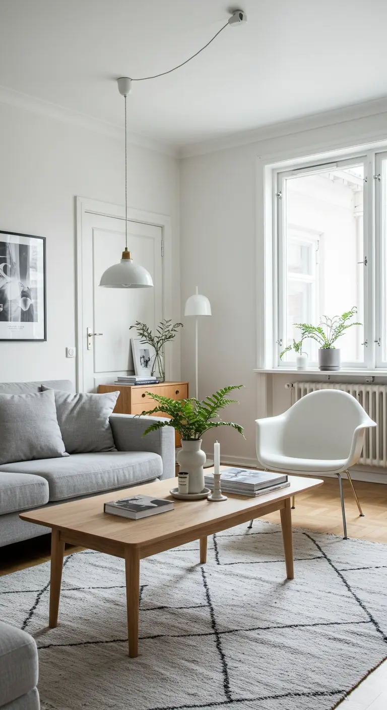 Licht houten salontafel met een varen en boeken in een minimalistische Scandinavische woonkamer.