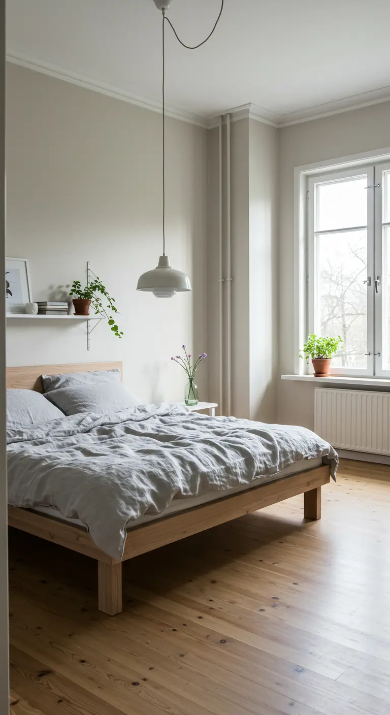Scandinavische slaapkamer met lichte beige muren, houten bed, grijs linnen, wandplank met planten.