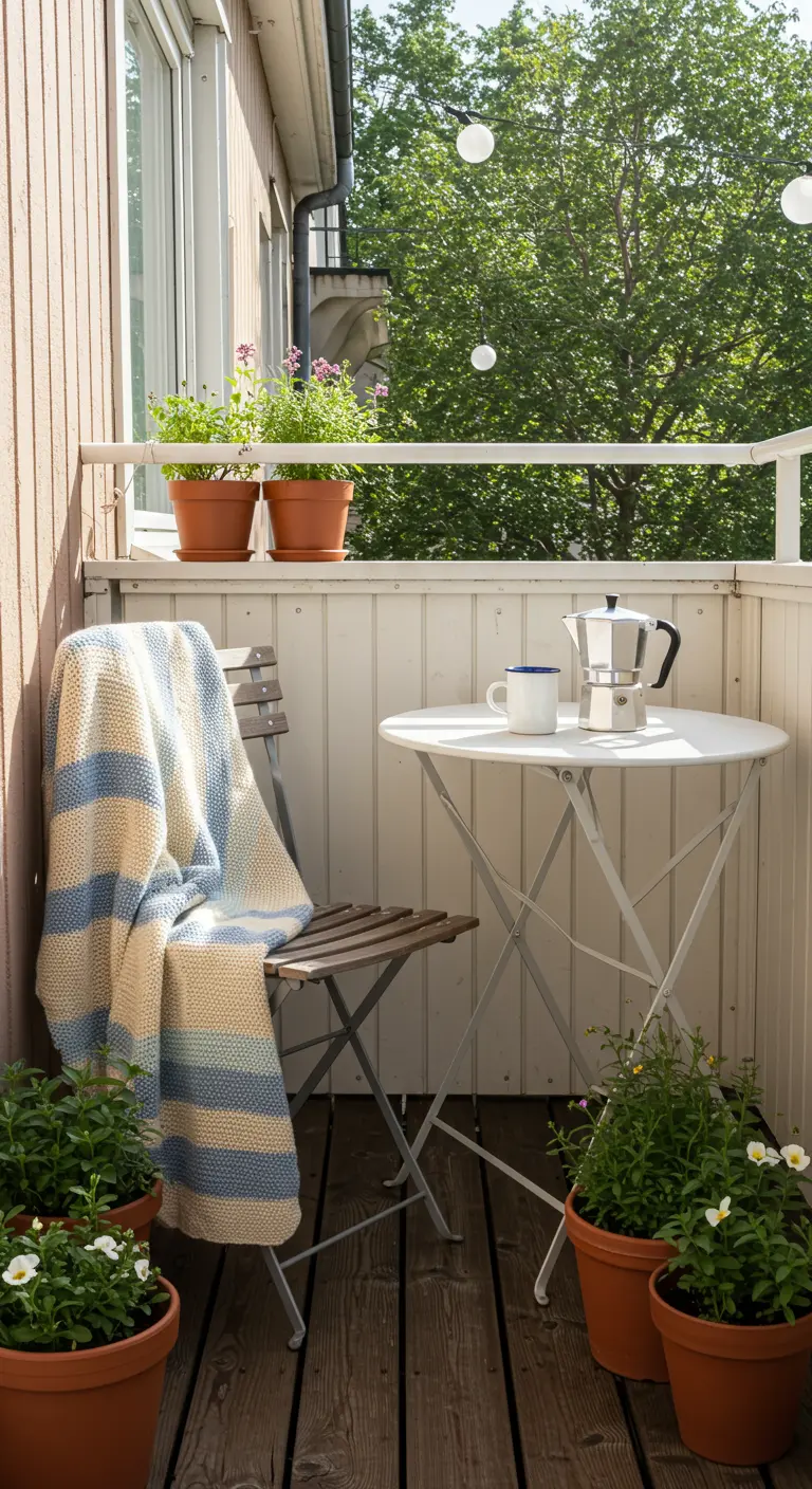 Eenvoudig balkon met houten stoel, bistro tafel, gebreide plaid en terracotta plantenpotten.