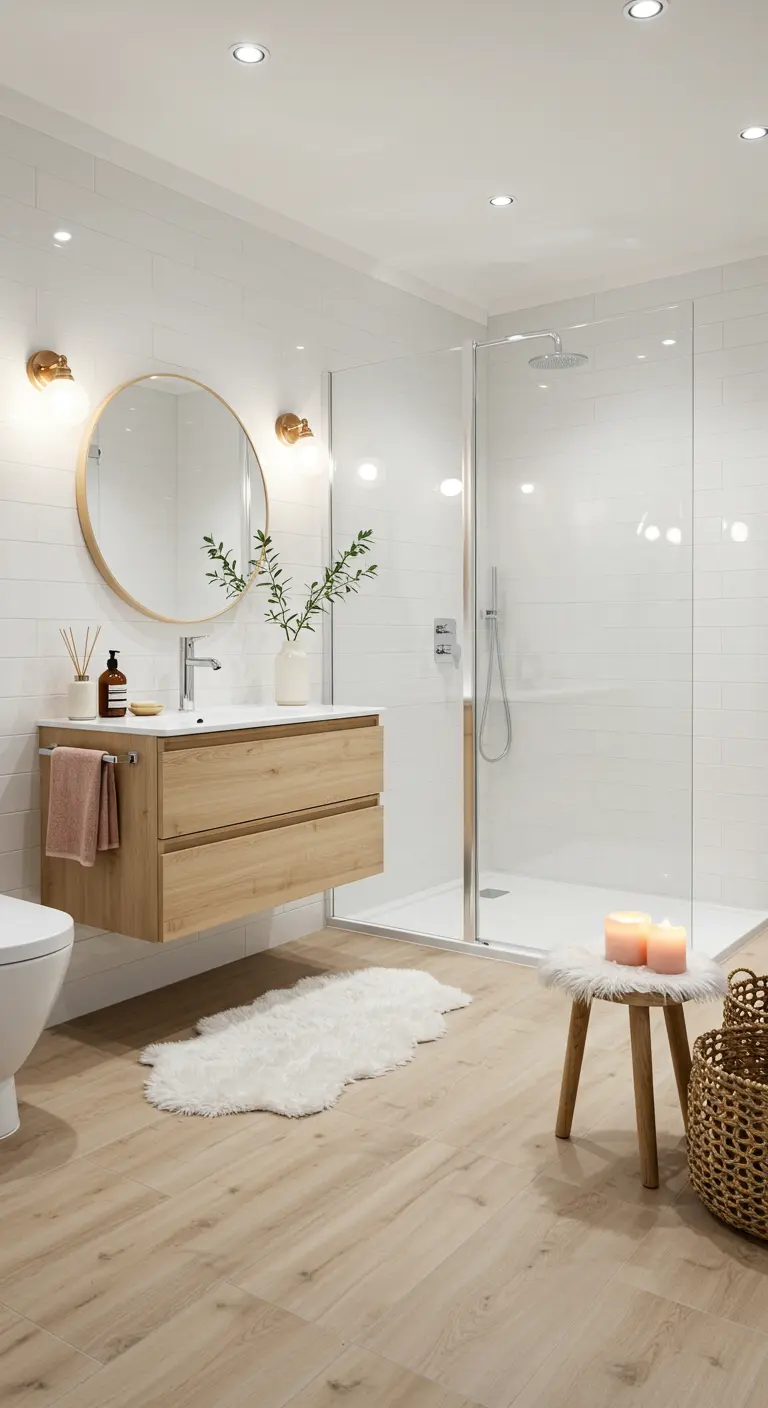 Lichte badkamer met houtlook vloertegels, witte wandtegels en houten wastafelmeubel.