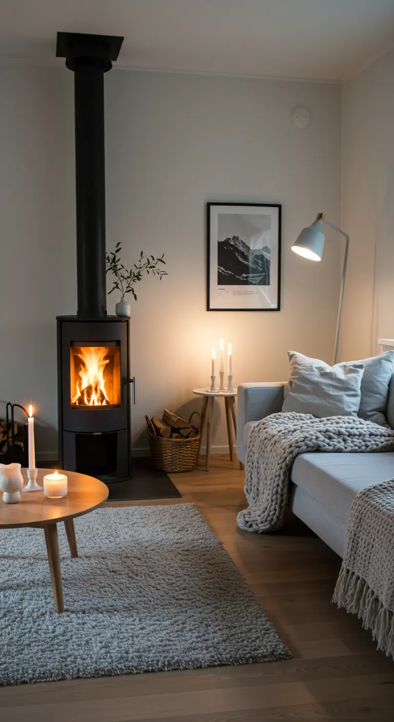 Moderne, minimalistische woonkamer met een brandende houtkachel en subtiele decoratie.