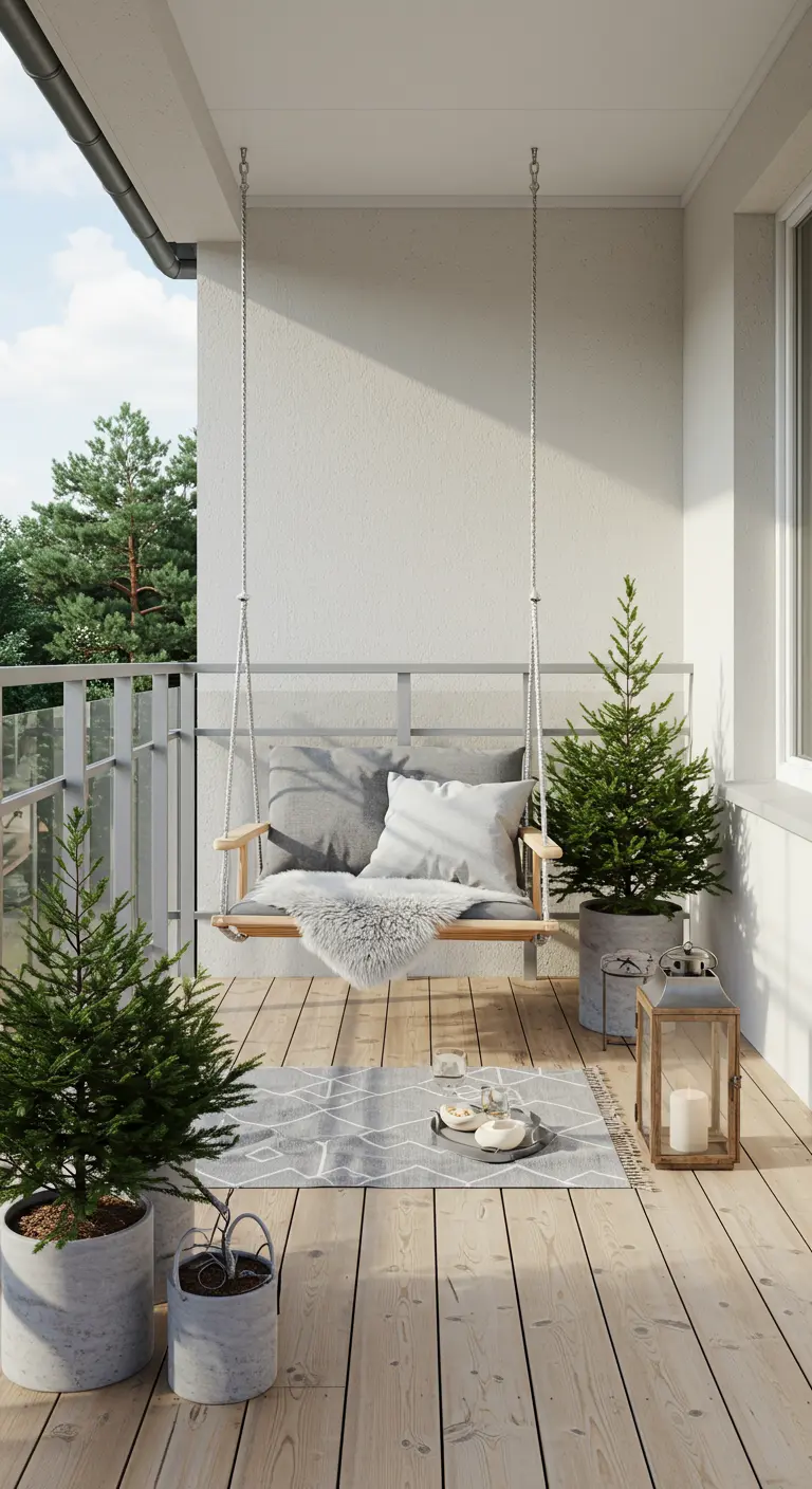 Houten schommelbankje met grijze kussens op een balkon in Scandinavische stijl.