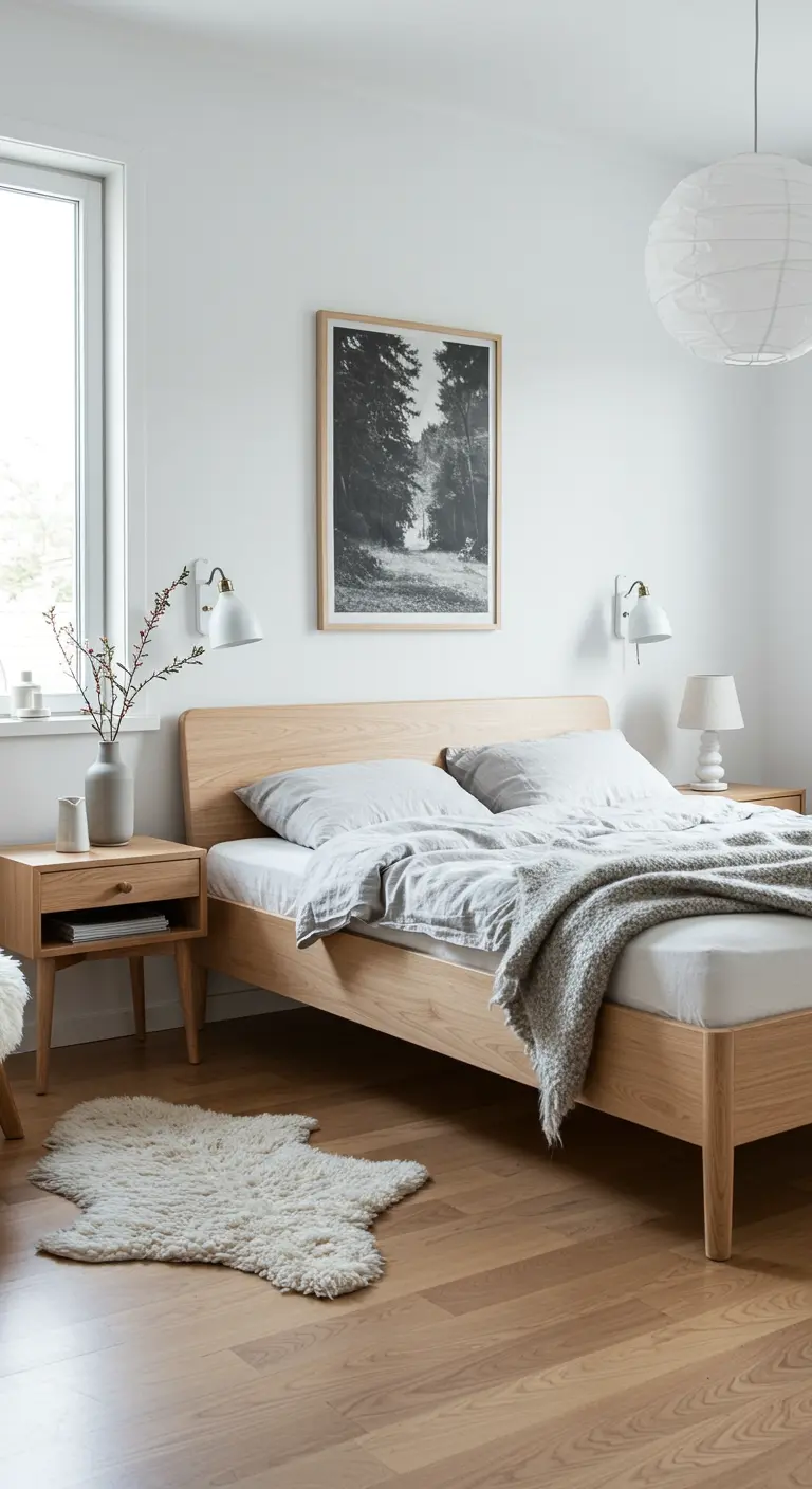 Scandinavische slaapkamer met licht houten bed, wit en grijs beddengoed, en schapenvacht.