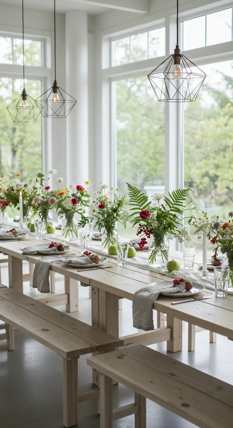 Lange houten tafel met veldbloemen in flesjes en groene appels, Scandinavische stijl.