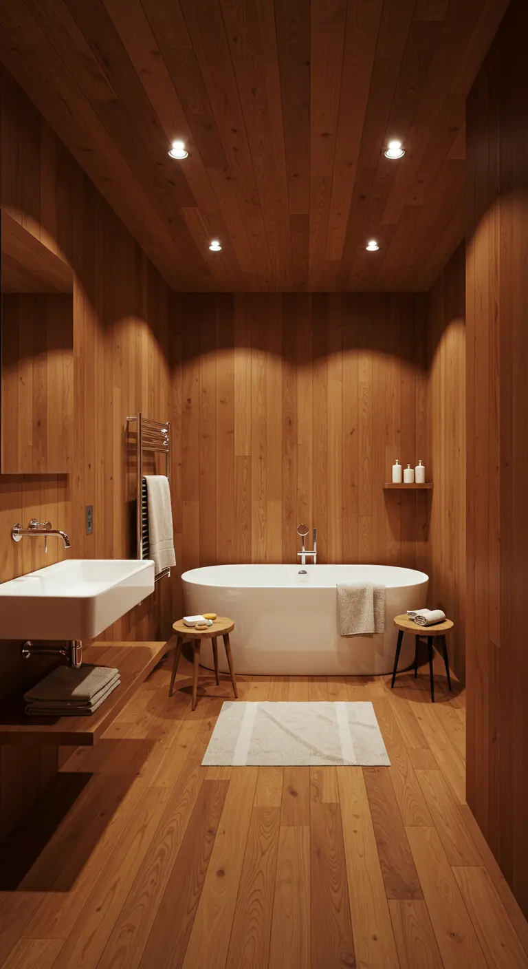 Badkamer volledig bekleed met licht hout, met een wit vrijstaand bad.