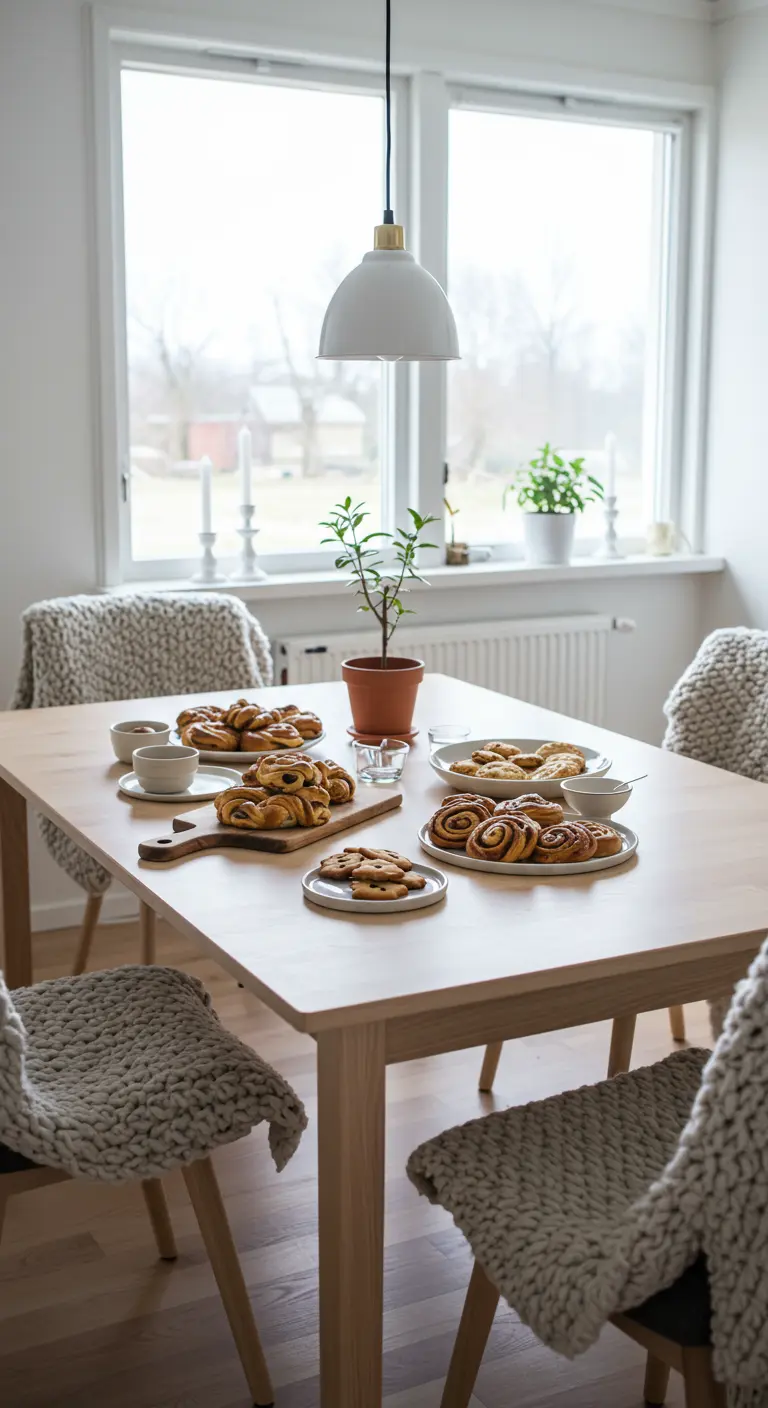 Scandinavische desserttafel met kaneelbroodjes, houten elementen en wollen plaids.