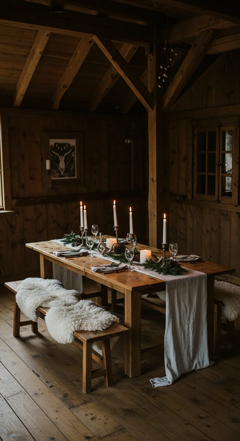 Intiem diner in houten hut met schapenvachtjes, kaarsen en minimalistische decoratie.