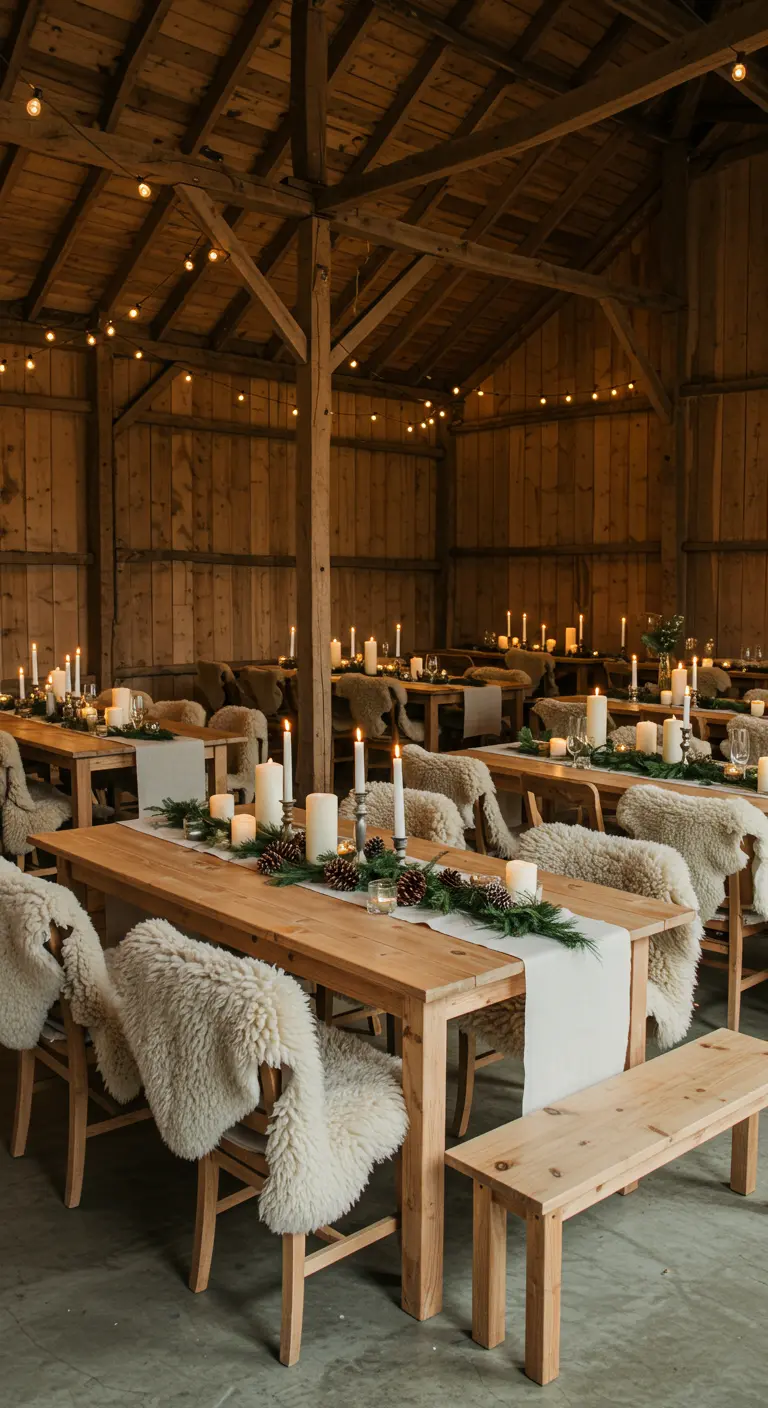 Rustieke schuur met houten tafels, schapenvachtjes op stoelen, veel kaarsen en lichtslingers.