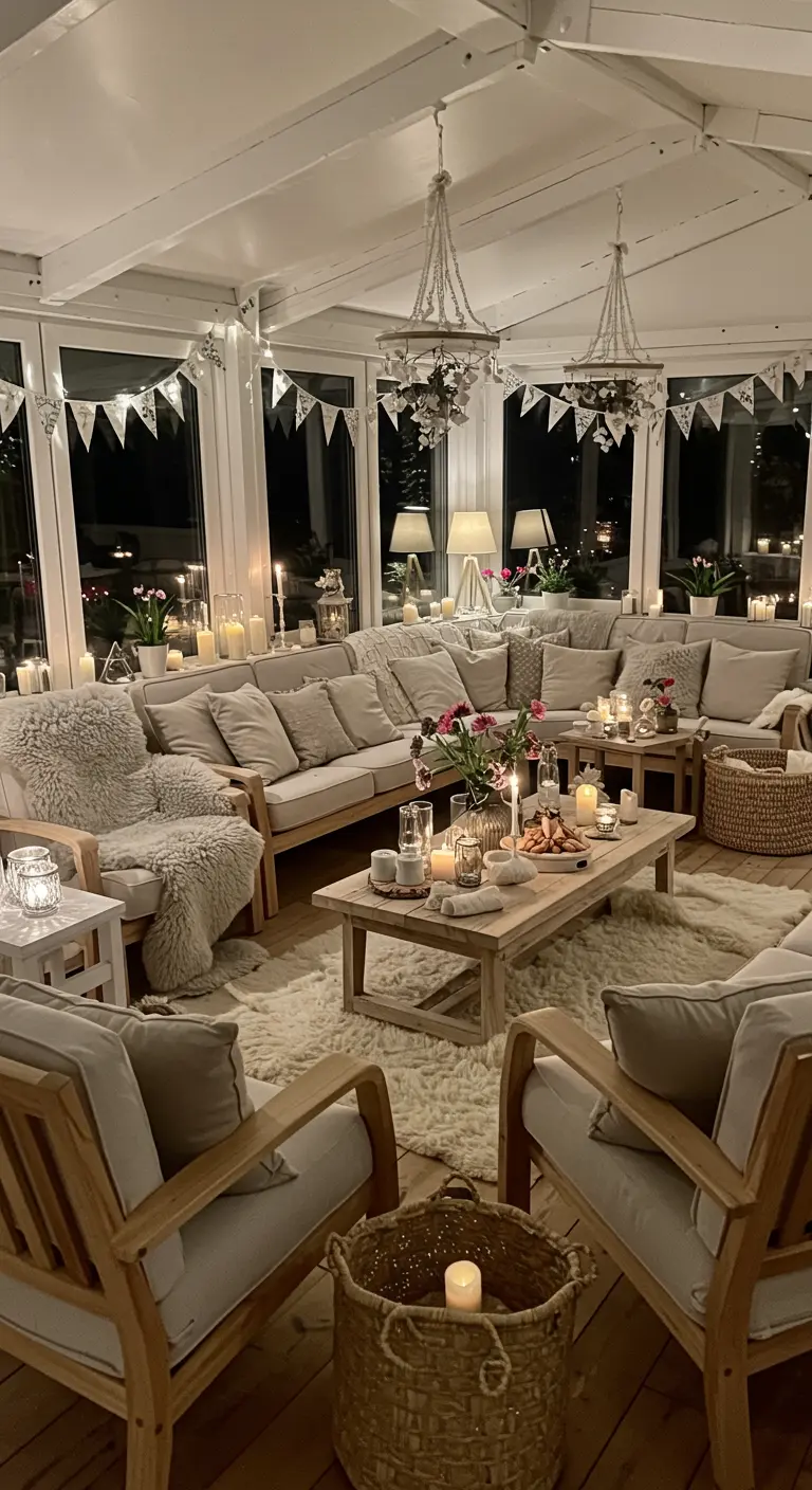 Knusse woonkamer in hygge-stijl met veel kaarsen en zachte materialen.