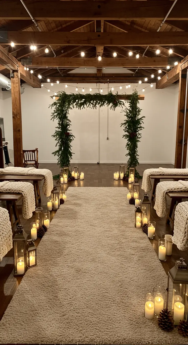 Hygge ceremonie-opstelling met groenboog, lantaarns, tapijt en gebreide dekens.
