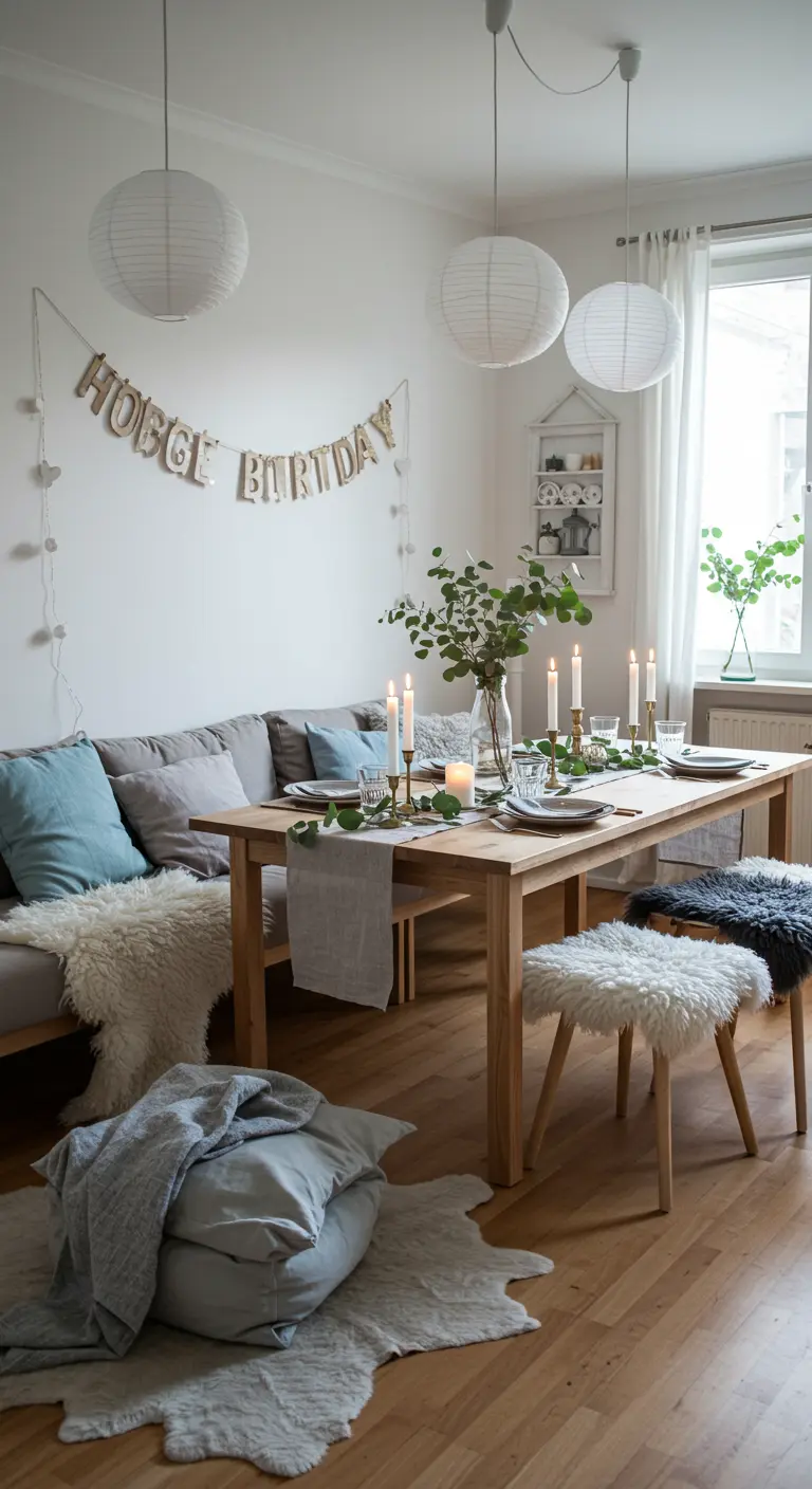 Scandinavische verjaardagsstyling met licht hout, zachte stoffen en papieren lantaarns.