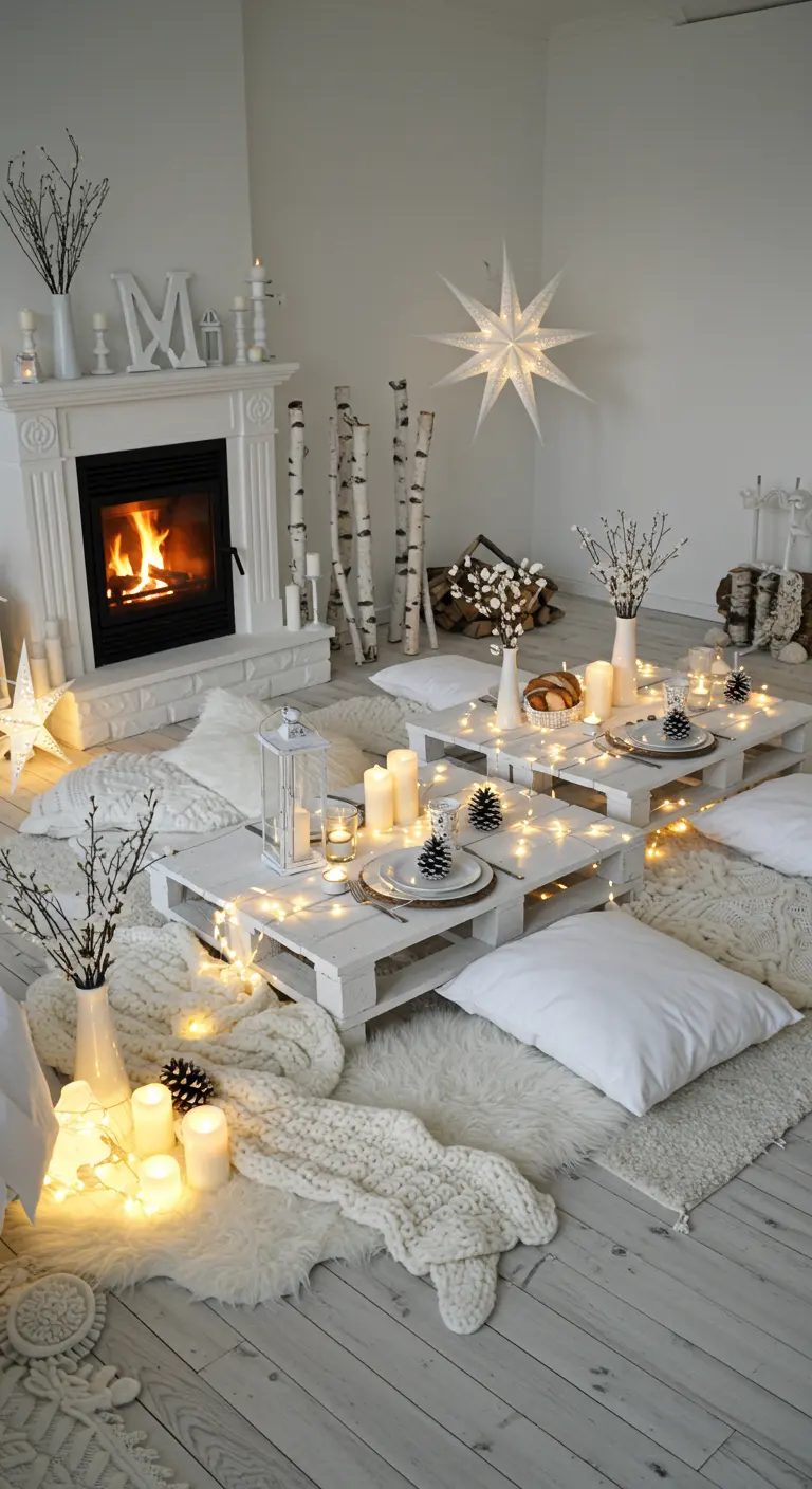 Gezellige woonkamer met open haard, witte pallets, lichtslingers en kaarsen.