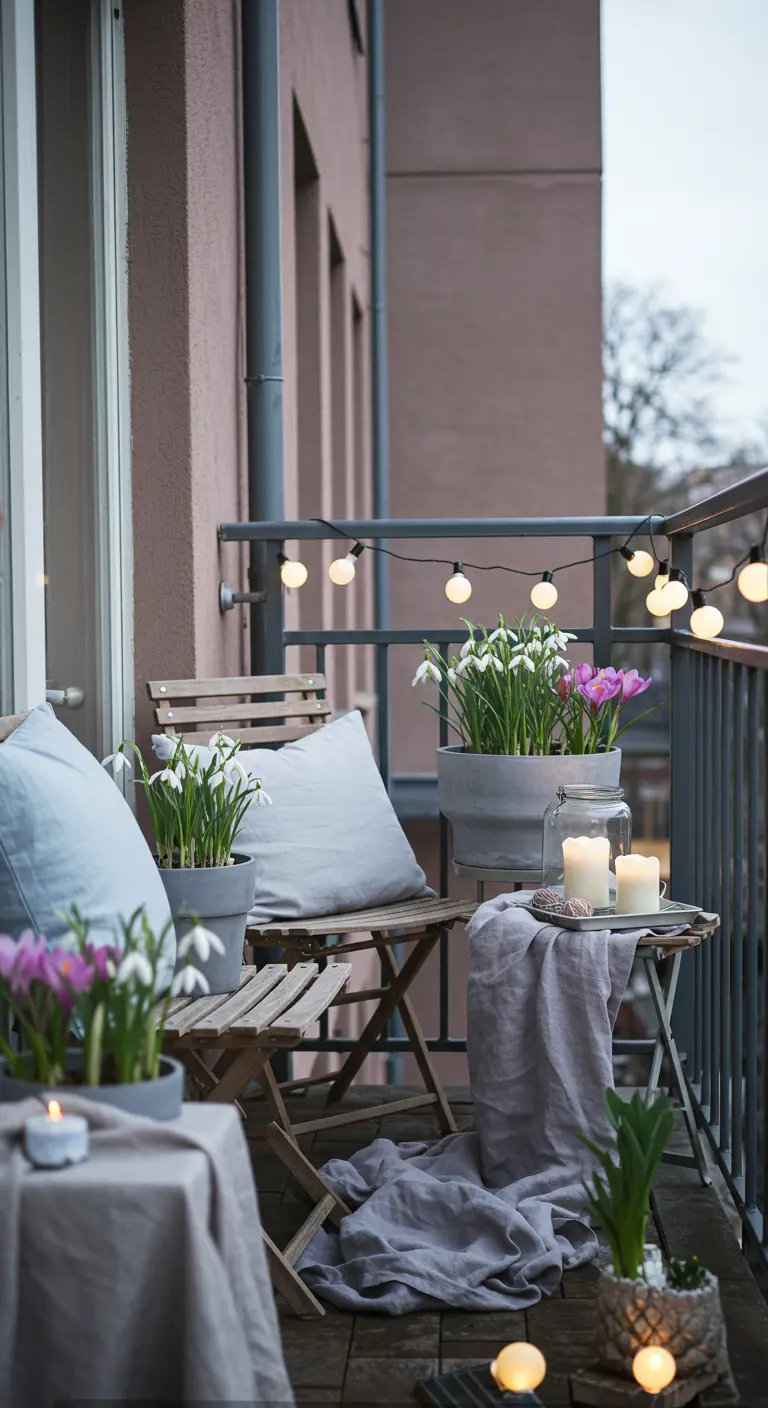 Scandinavisch balkon met grijze houten meubels, linnen textiel en witte/paarse voorjaarsbloemen.
