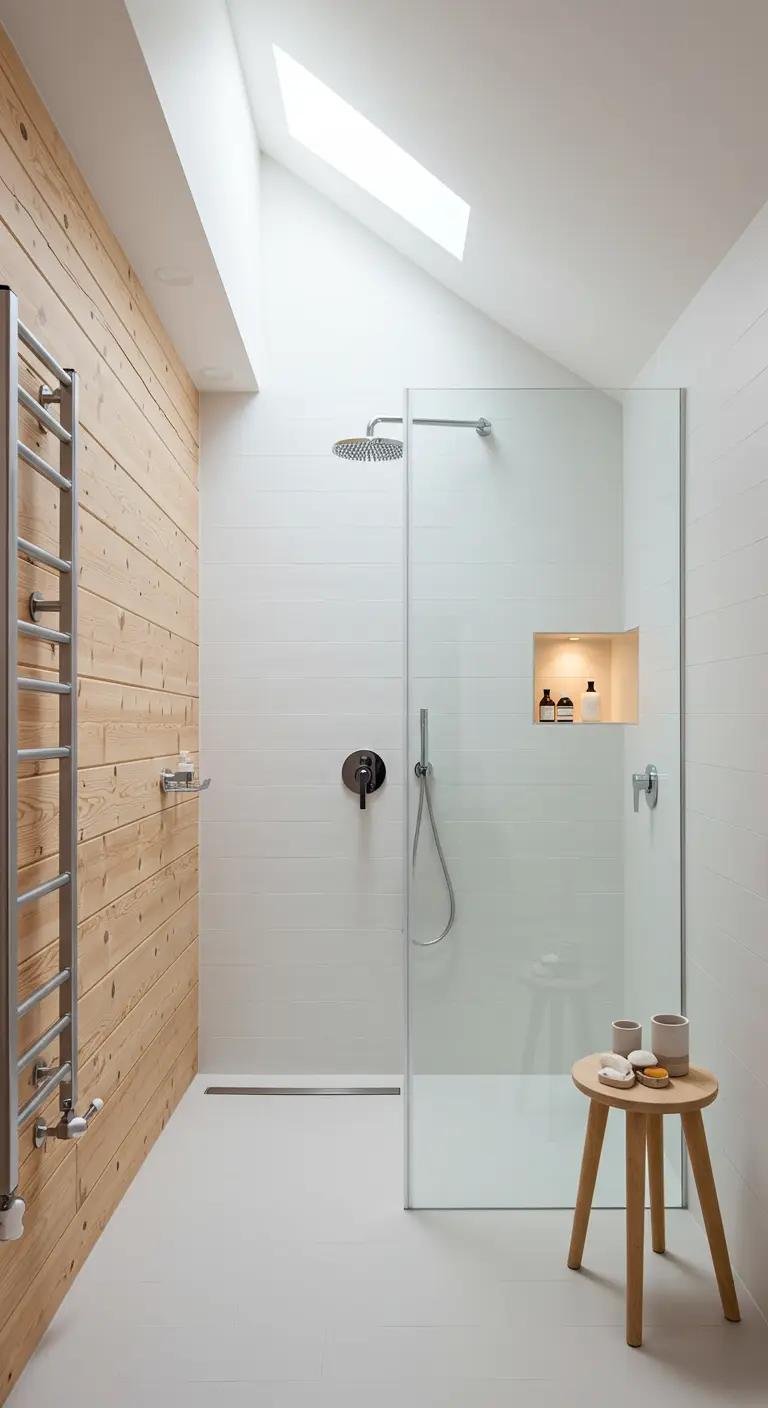 Lichte badkamer met houten wand, witte tegels, douchecabine en dakraam, scandinavische stijl.
