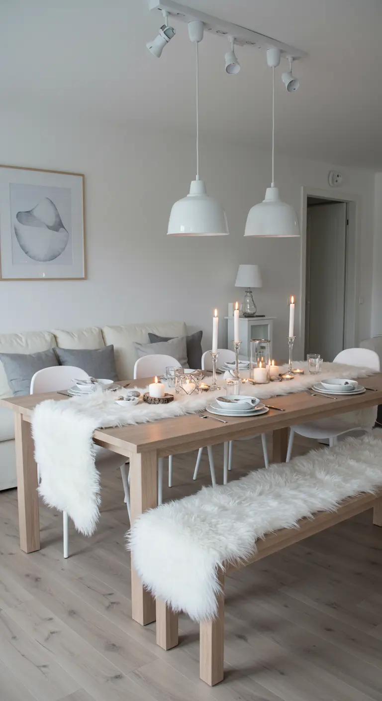 Lichte houten eettafel met witte stoelen, schapenvacht tafelloper en witte kaarsen.