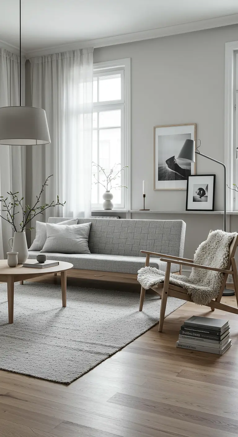 Lichte Scandinavische woonkamer in grijs met houten meubels en een schapenvacht.