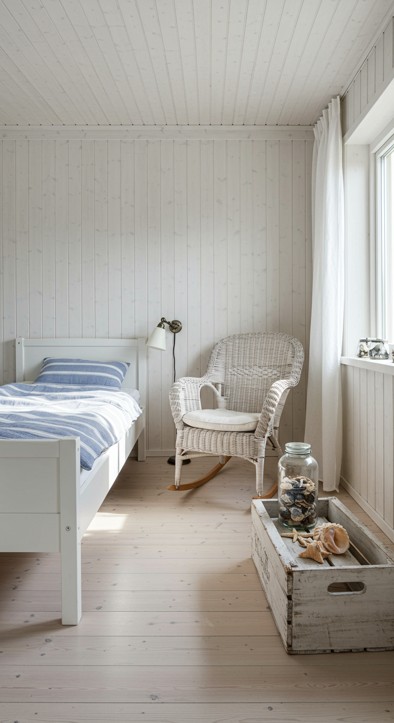 Lichte Scandinavische slaapkamer met witte rieten stoel en houten kist.