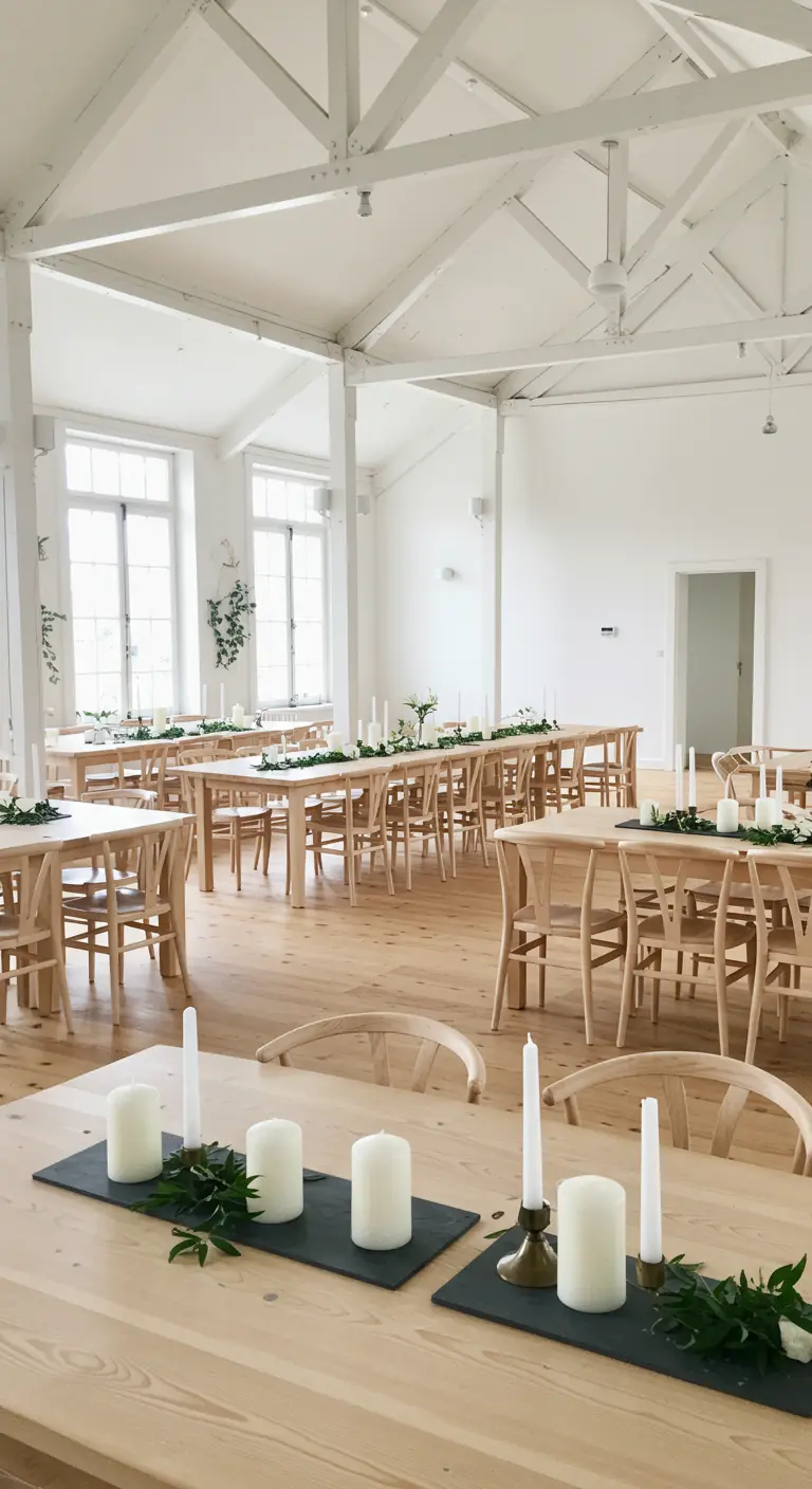 Lichte Scandinavische dinerzaal met houten tafels, witte kaarsen en groen.