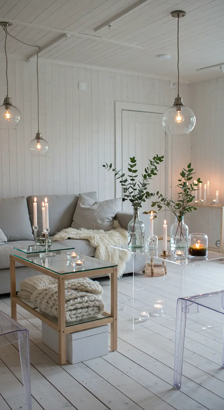 Lichte woonkamer in Scandinavische stijl met glazen salontafel, kaarsen en transparante stoelen.