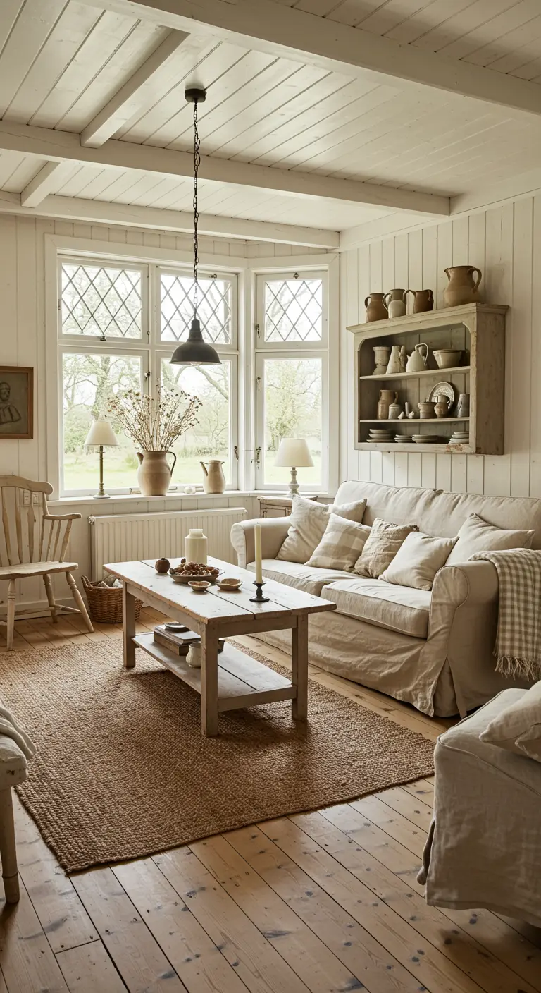 Lichte farmhouse woonkamer met witte houten wanden en beige bank.
