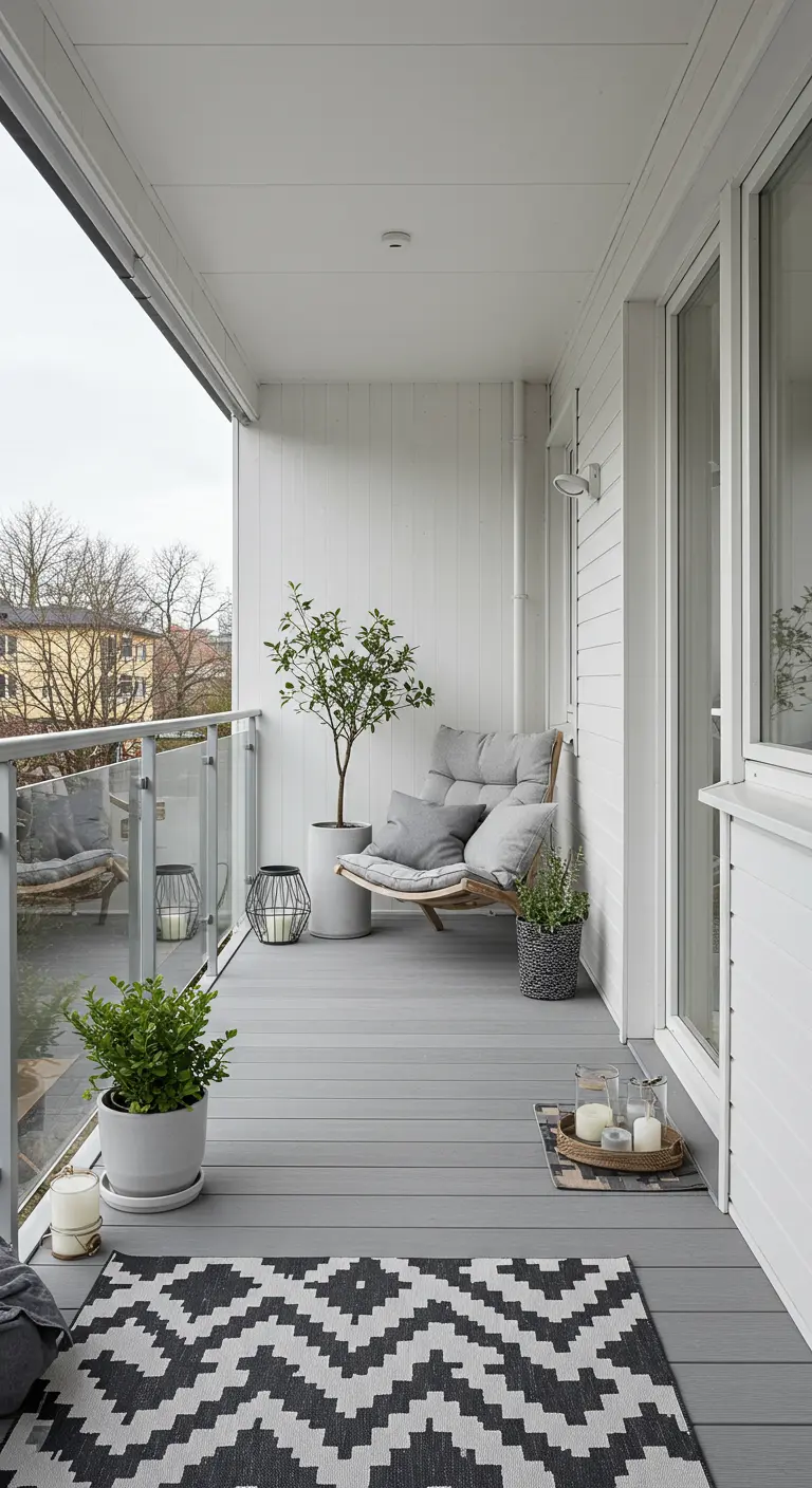 Sfeervol balkon 8 met Scandinavische hangstoel en grafisch kleed