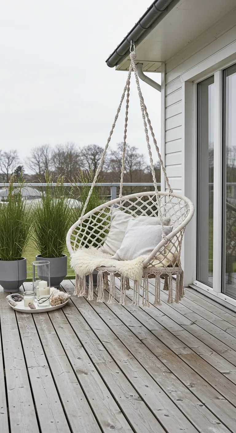 Witte macramé hangstoel met schapenvacht op een houten terras bij een modern huis.