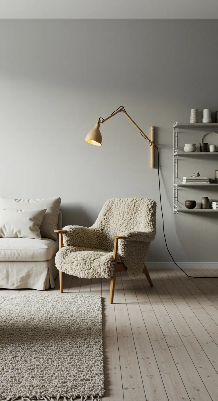 Scandinavische leeshoek met houten scharnierarm wandlamp boven fauteuil met schapenvacht.