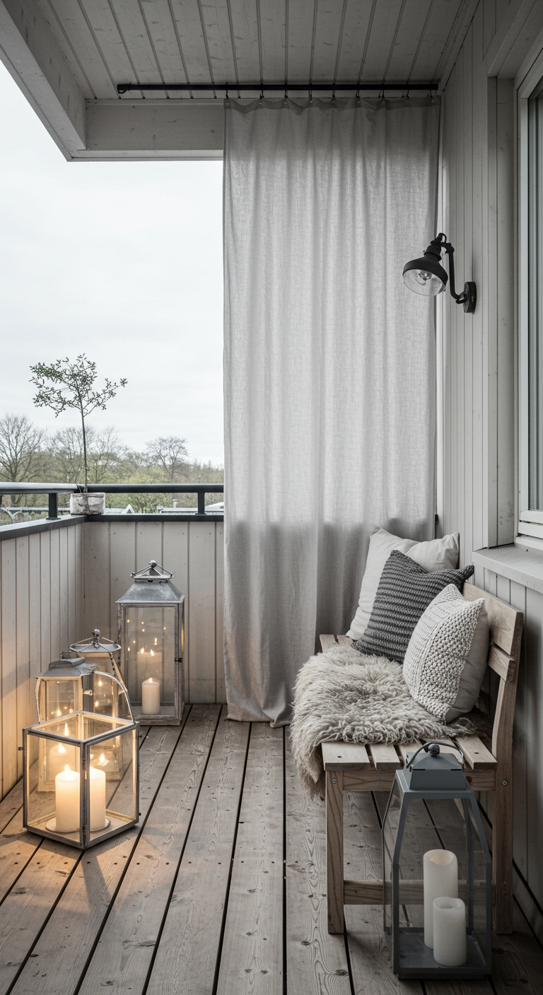 Scandinavisch balkon met een grijs linnen gordijn, houten bankje en grote lantaarns met kaarsen.